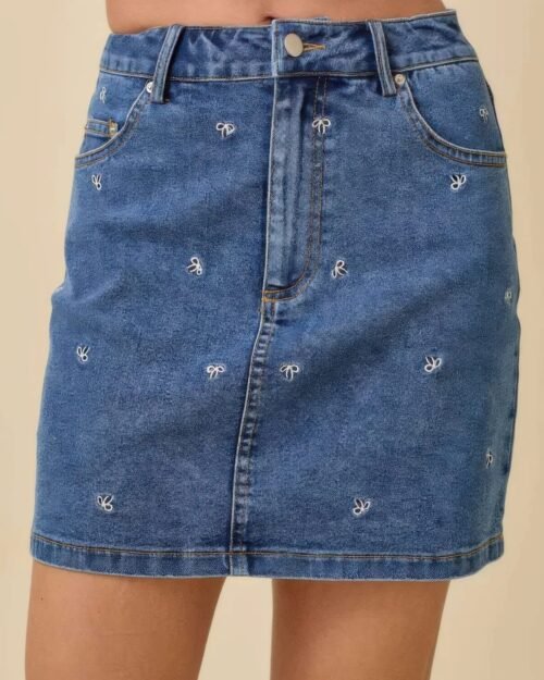 Mini Denim Skirt With All Over Ribbon Bow