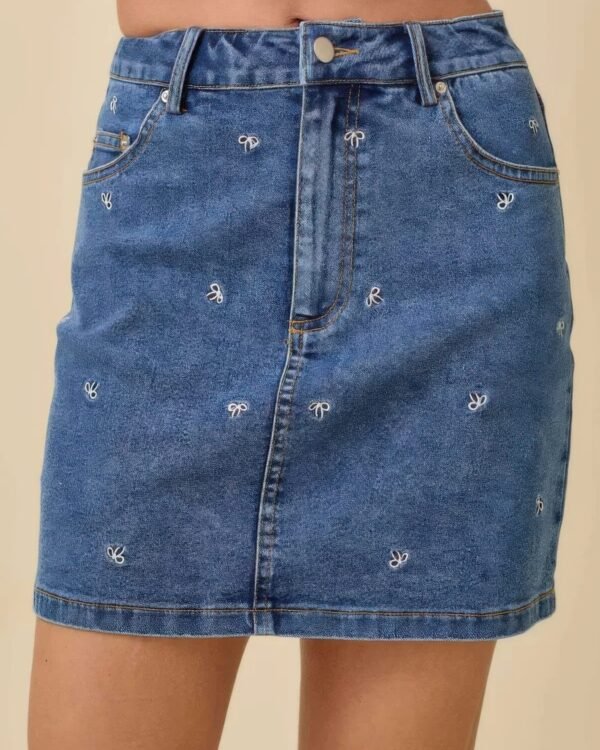 Mini Denim Skirt With All Over Ribbon Bow