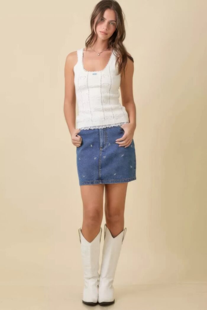 Mini denim skirt with all over ribbon bow - image 4
