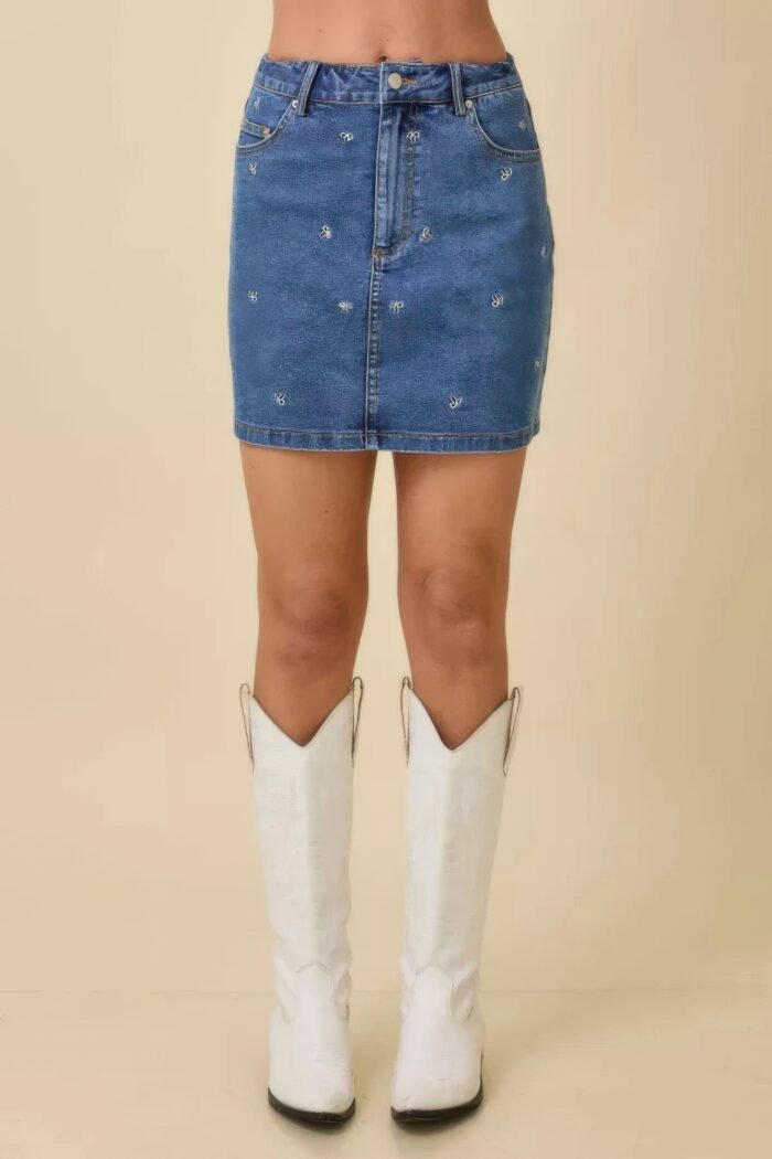 Mini denim skirt with all over ribbon bow - image 5