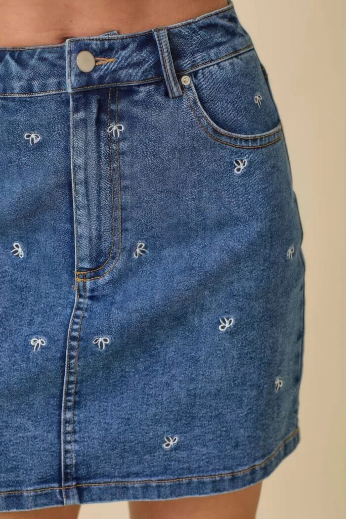 Mini denim skirt with all over ribbon bow - image 8