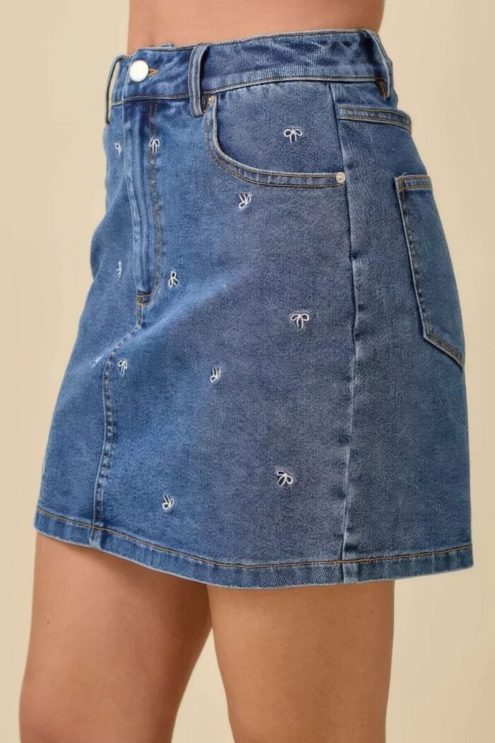 Mini denim skirt with all over ribbon bow - image 9