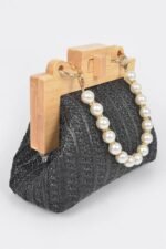 Faux Straw Wood Frame Clutch W/ Faux Pearl Chain - Image 3
