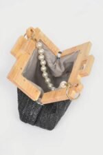 Faux Straw Wood Frame Clutch W/ Faux Pearl Chain - Image 5