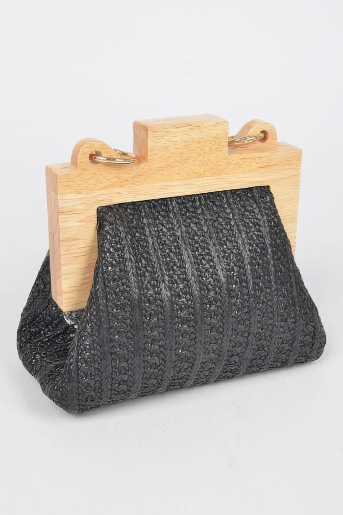 Faux straw wood frame clutch w/ faux pearl chain - image 7