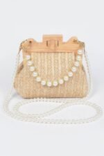 Faux Straw Wood Frame Clutch W/ Faux Pearl Chain - Image 8