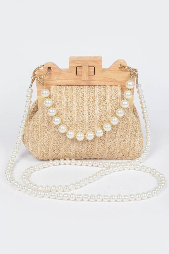 Faux straw wood frame clutch w/ faux pearl chain - image 8