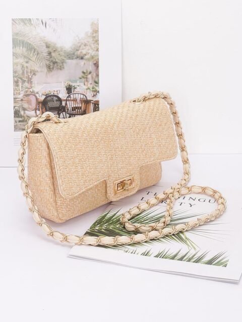 Faux Straw Flap Shoulder Bag
