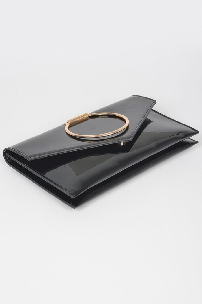 Enamel faux leather metal handle flap clutch - image 4