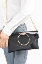 Enamel Faux Leather Metal Handle Flap Clutch - Image 6