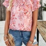 Floral Printed Mock Neck Ruffle Sleeve Loose Blouse