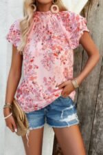 Floral Printed Mock Neck Ruffle Sleeve Loose Blouse - Image 2