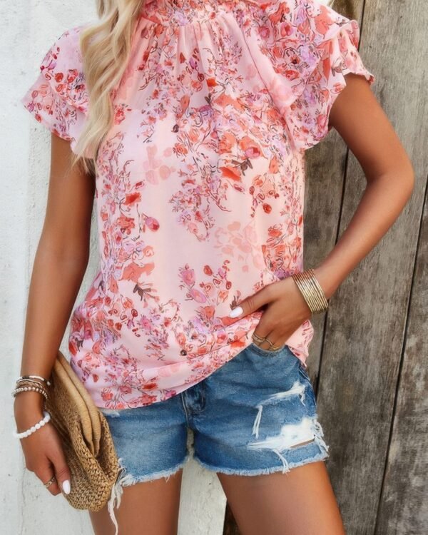 Floral Printed Mock Neck Ruffle Sleeve Loose Blouse