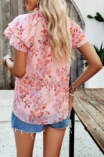 Floral Printed Mock Neck Ruffle Sleeve Loose Blouse - Image 3