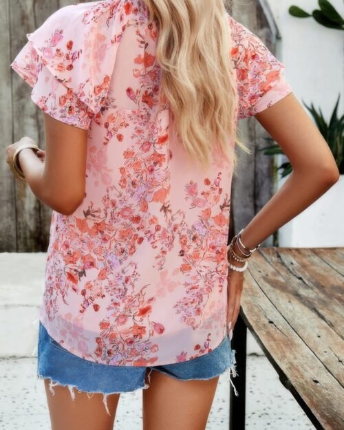 floral printed mock neck ruffle sleeve loose blouse