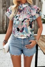 Floral Printed Mock Neck Ruffle Sleeve Loose Blouse - Image 4