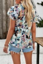 Floral Printed Mock Neck Ruffle Sleeve Loose Blouse - Image 5