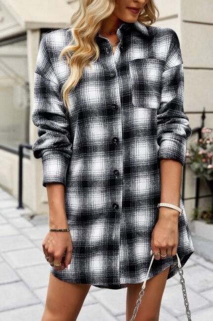 Plaid Single Pocket Button Down Loose Outerwear