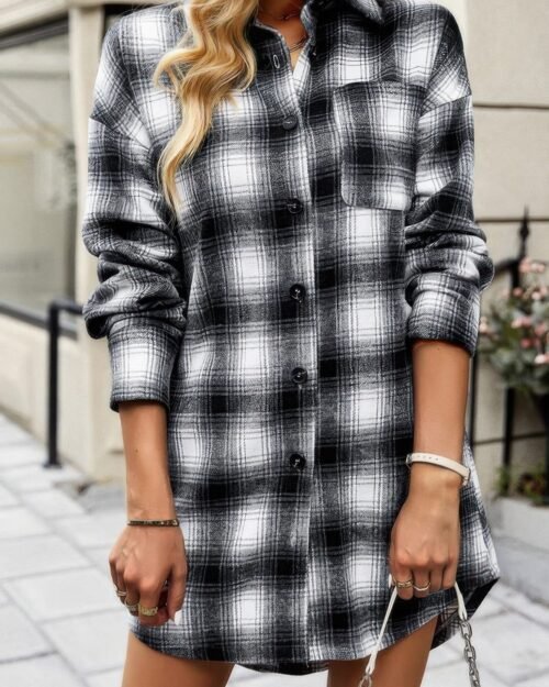 Plaid Single Pocket Button Down Loose Outerwear