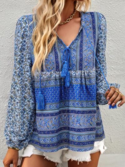 Tie Neck Boho Floral Tunics Long Sleeve Shirt