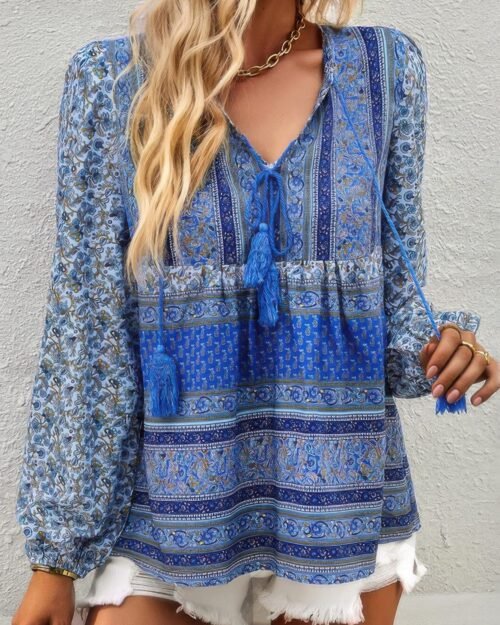 Tie Neck Boho Floral Tunics Long Sleeve Shirt