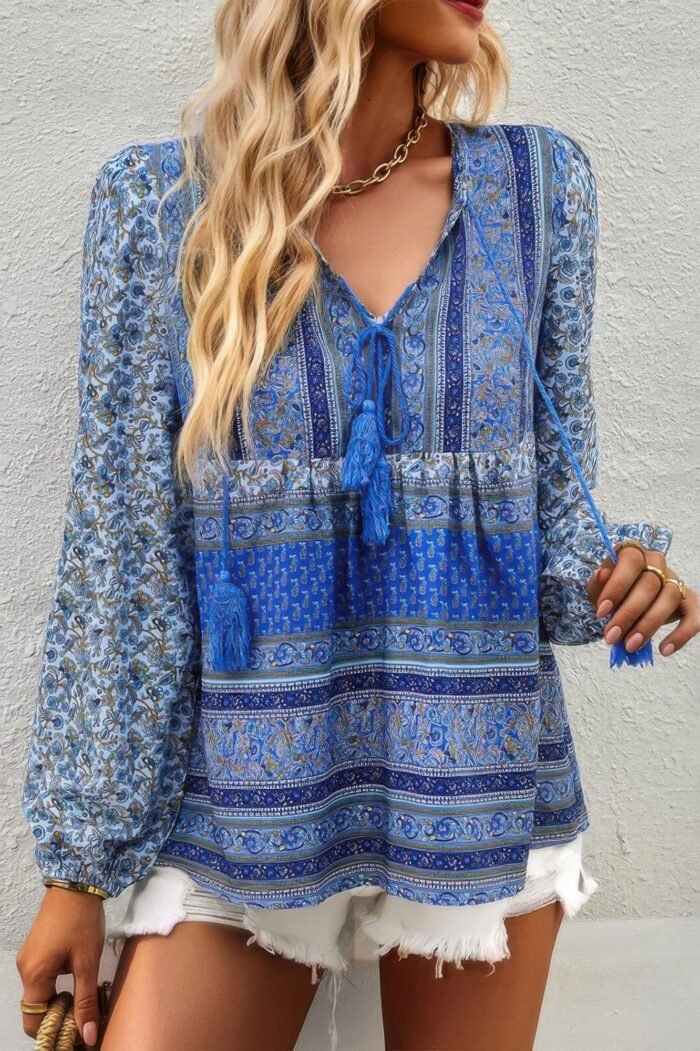 Tie neck boho floral tunics long sleeve shirt