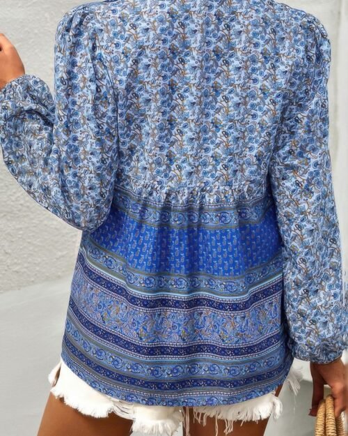 tie neck boho floral tunics long sleeve shirt