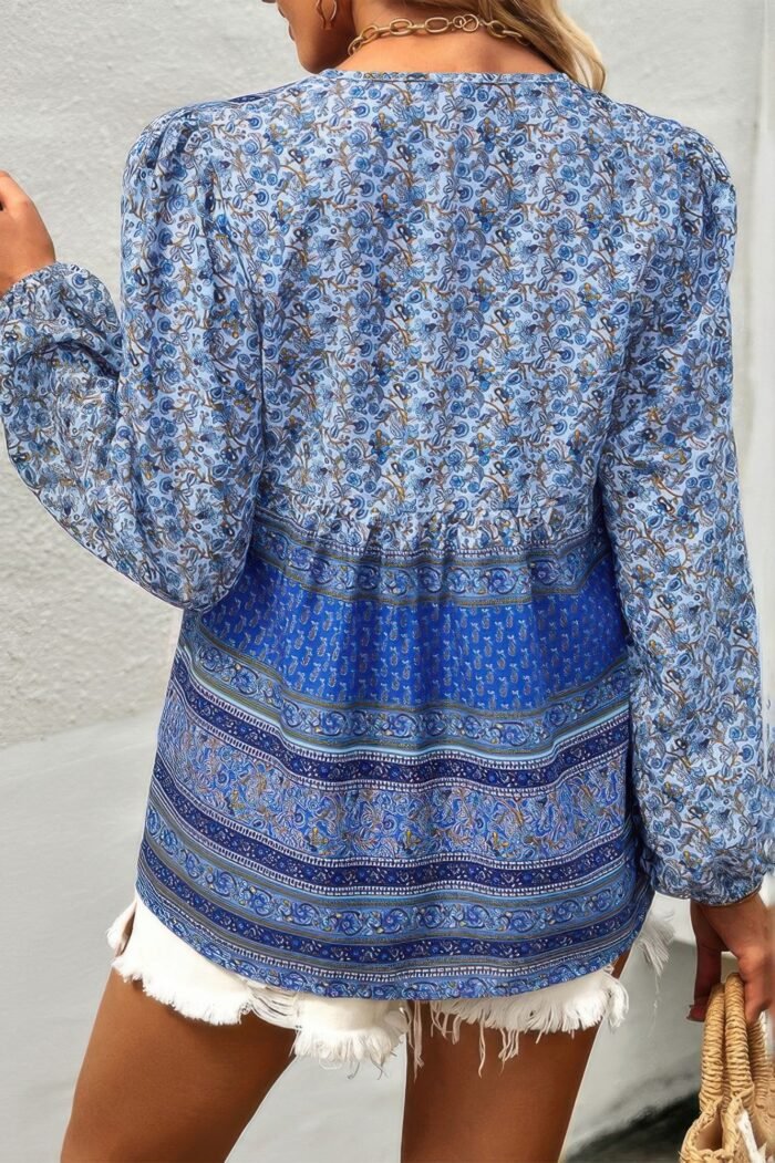 Tie neck boho floral tunics long sleeve shirt
