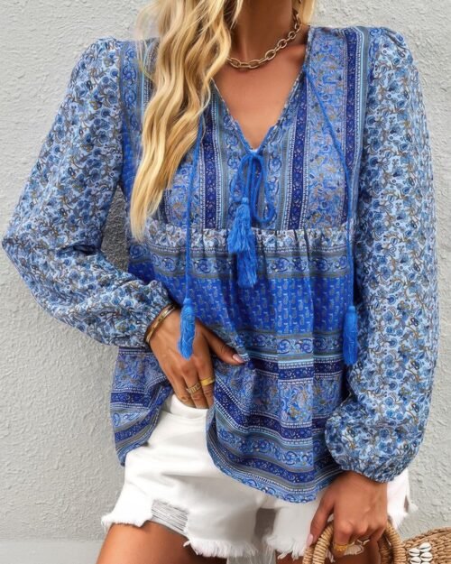 tie neck boho floral tunics long sleeve shirt