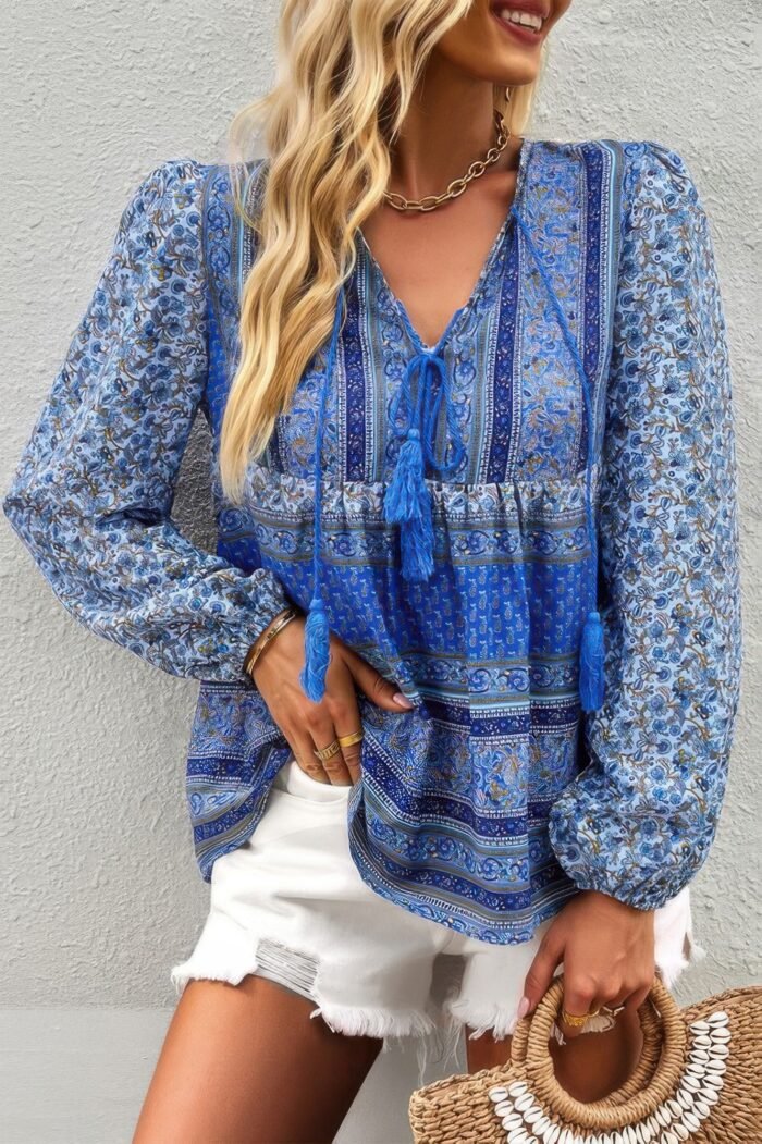 Tie neck boho floral tunics long sleeve shirt