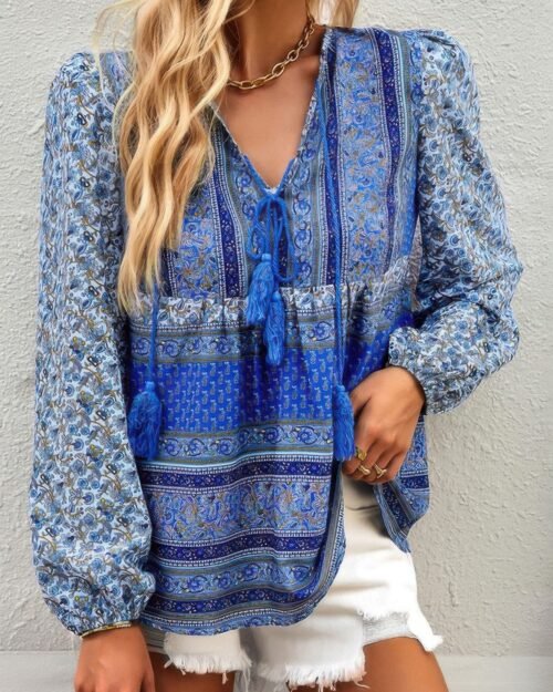 tie neck boho floral tunics long sleeve shirt