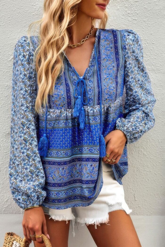 Tie neck boho floral tunics long sleeve shirt
