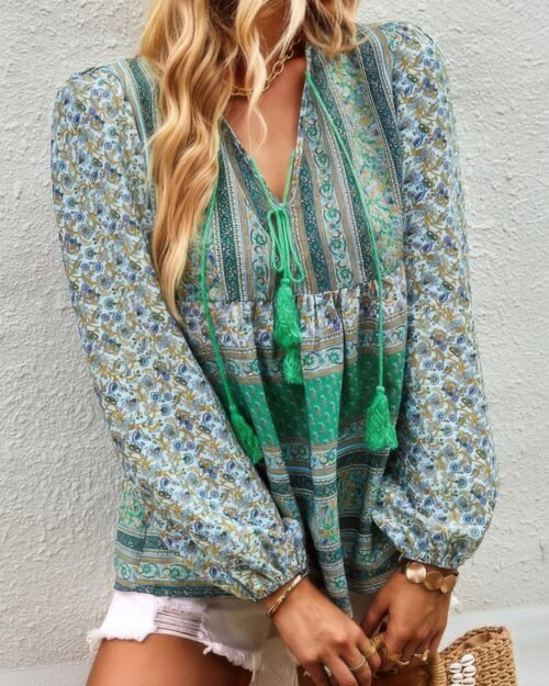 tie neck boho floral tunics long sleeve shirt