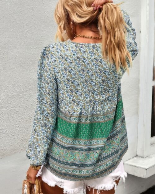 tie neck boho floral tunics long sleeve shirt
