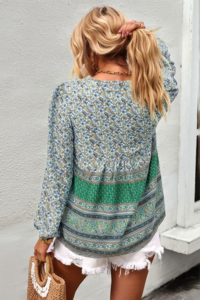 Tie neck boho floral tunics long sleeve shirt