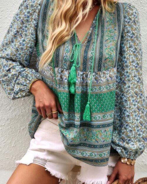 tie neck boho floral tunics long sleeve shirt
