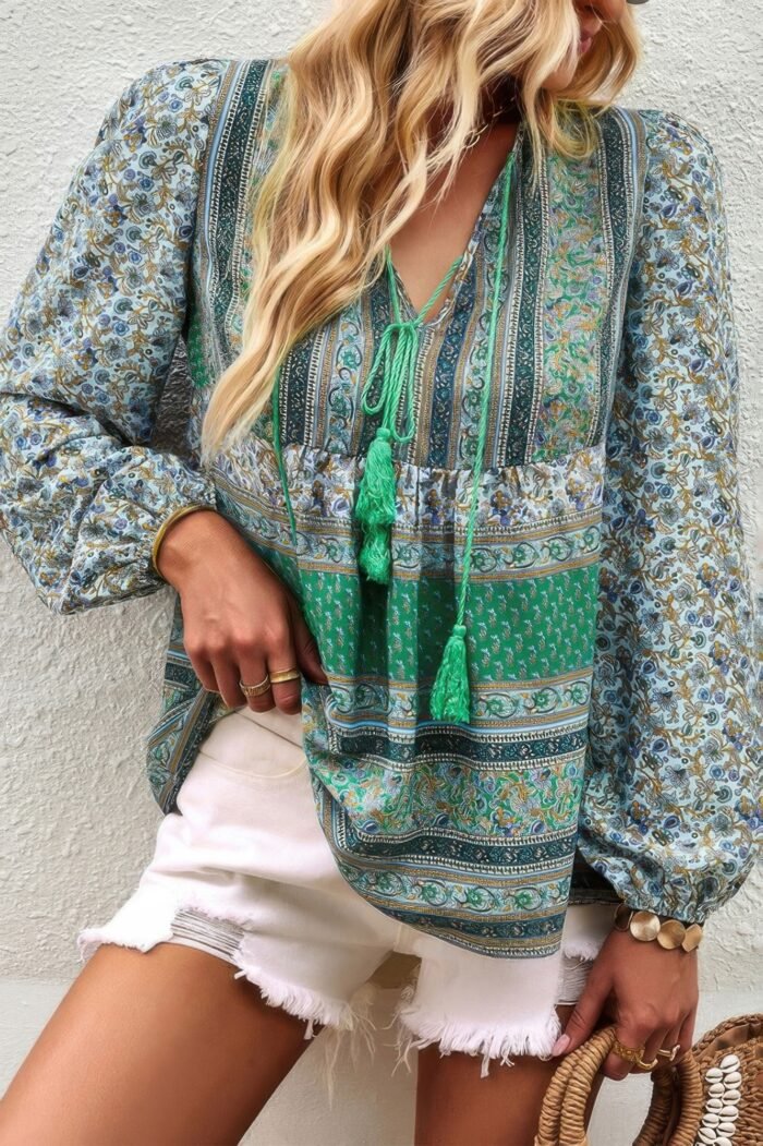 Tie neck boho floral tunics long sleeve shirt