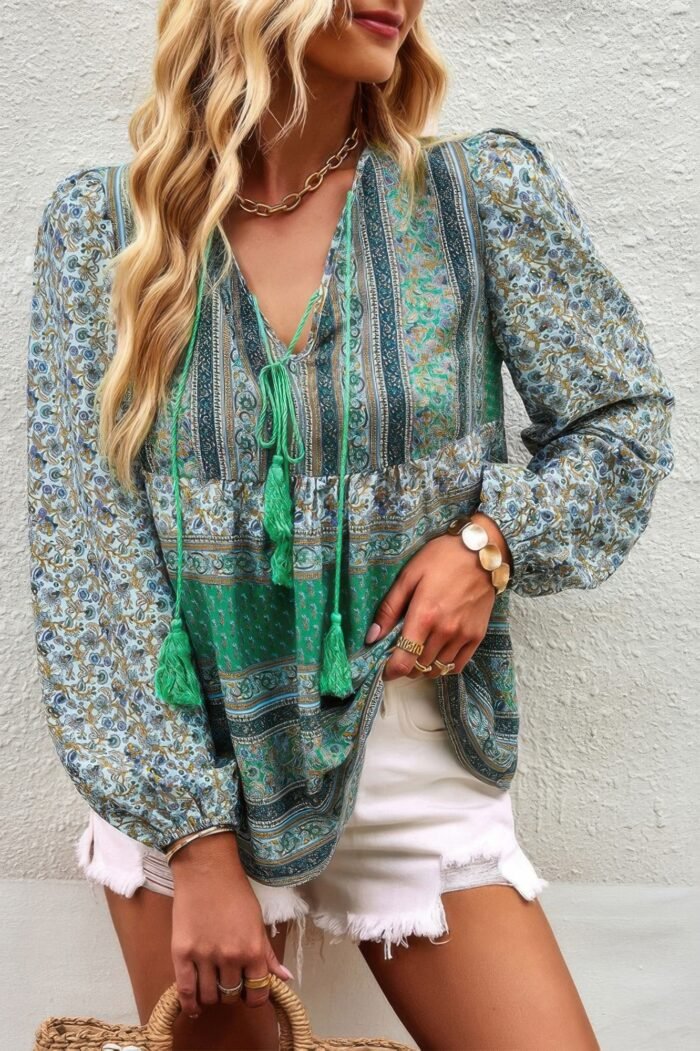 Tie neck boho floral tunics long sleeve shirt