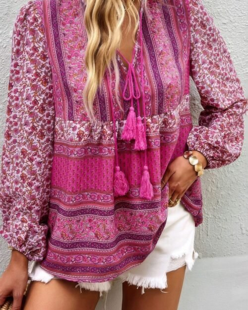 tie neck boho floral tunics long sleeve shirt