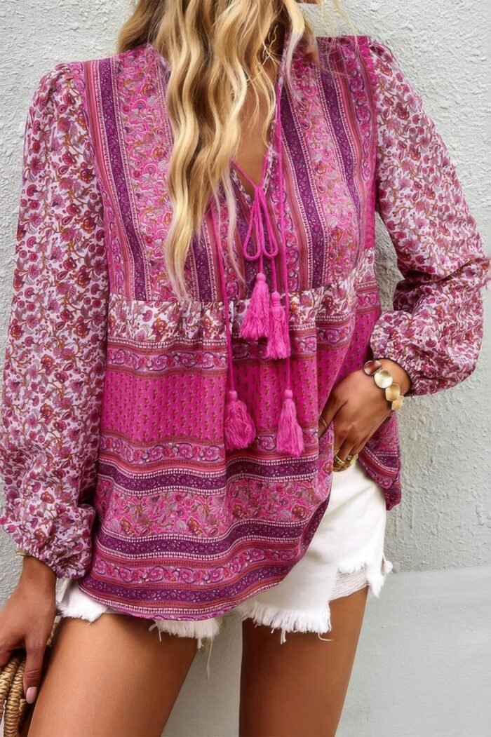 Tie neck boho floral tunics long sleeve shirt