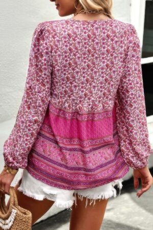 Tie Neck Boho Floral Tunics Long Sleeve Shirt