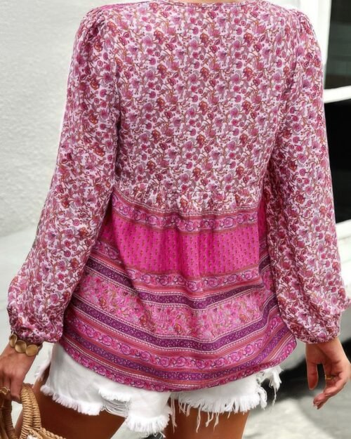 tie neck boho floral tunics long sleeve shirt