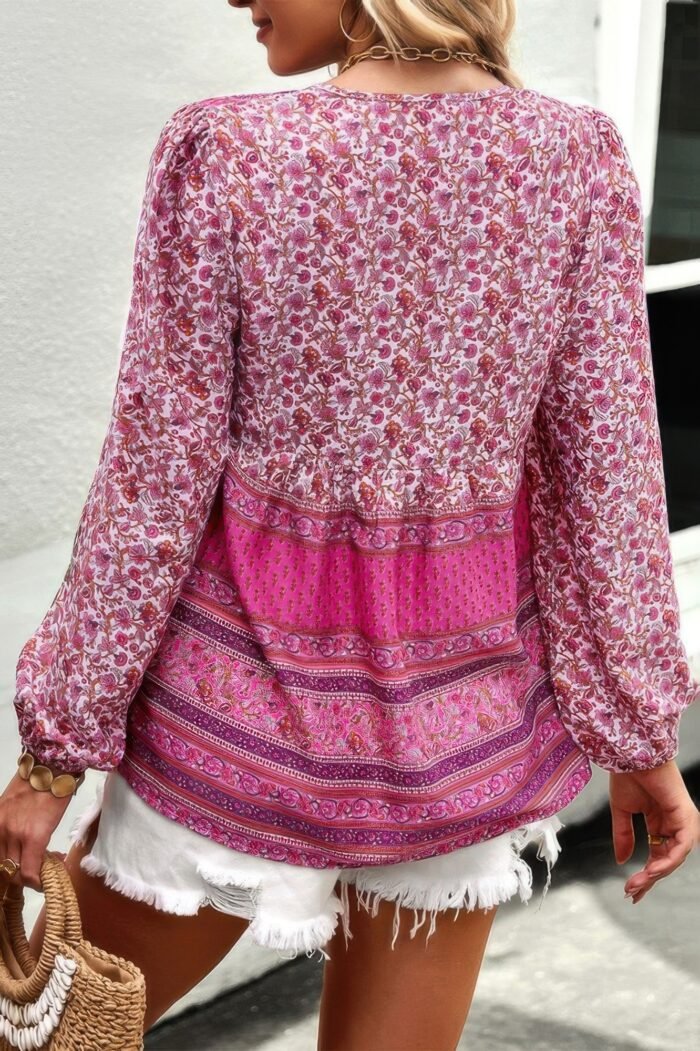 Tie neck boho floral tunics long sleeve shirt