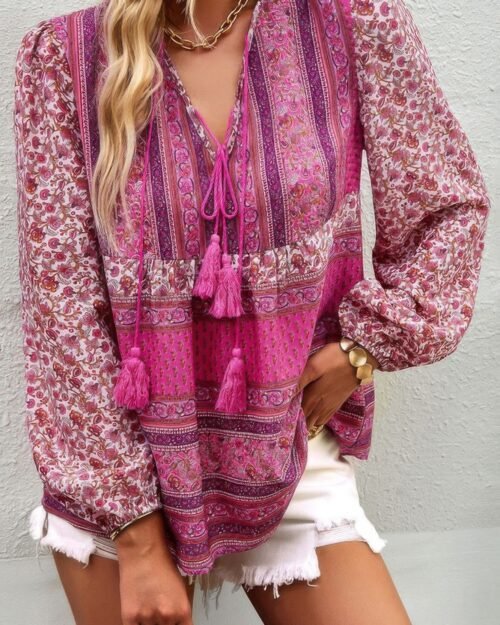 tie neck boho floral tunics long sleeve shirt