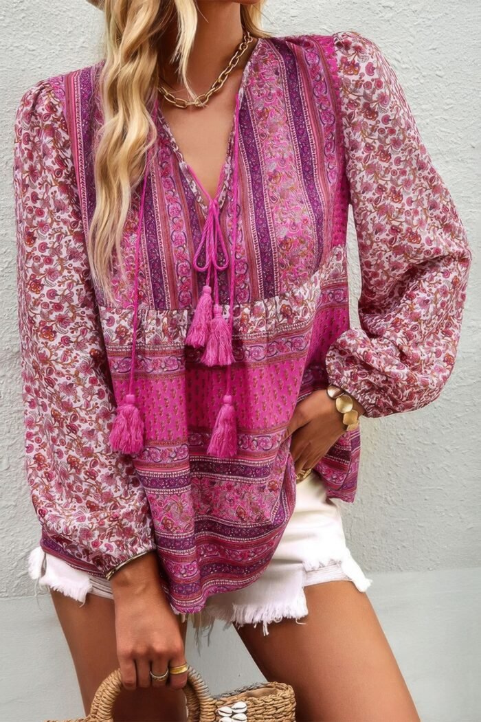 Tie neck boho floral tunics long sleeve shirt