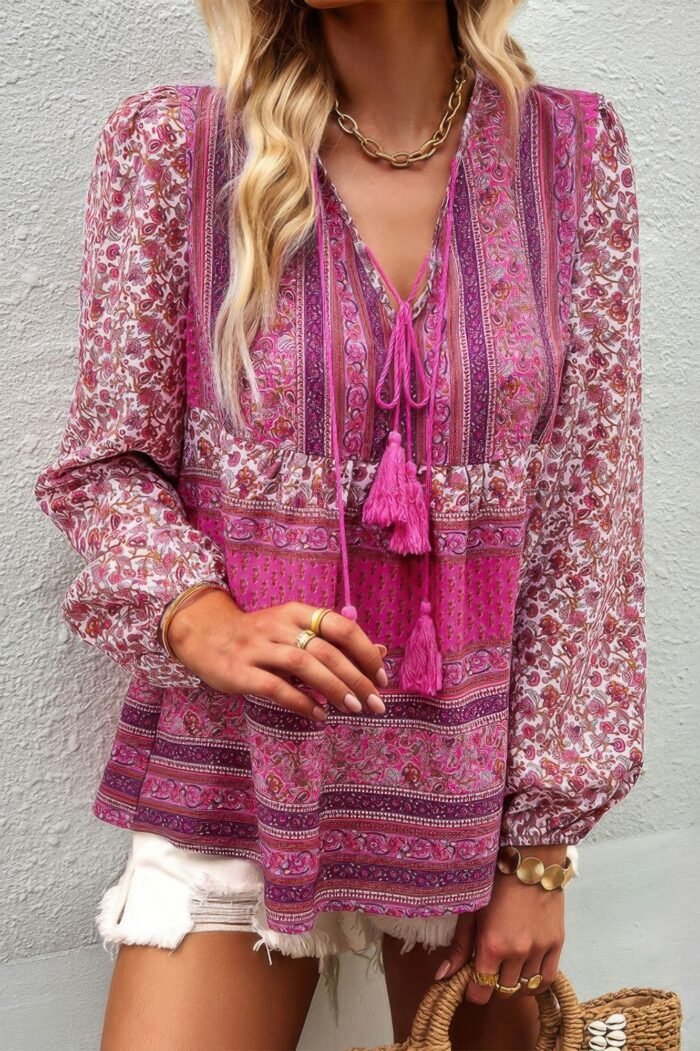 Tie neck boho floral tunics long sleeve shirt