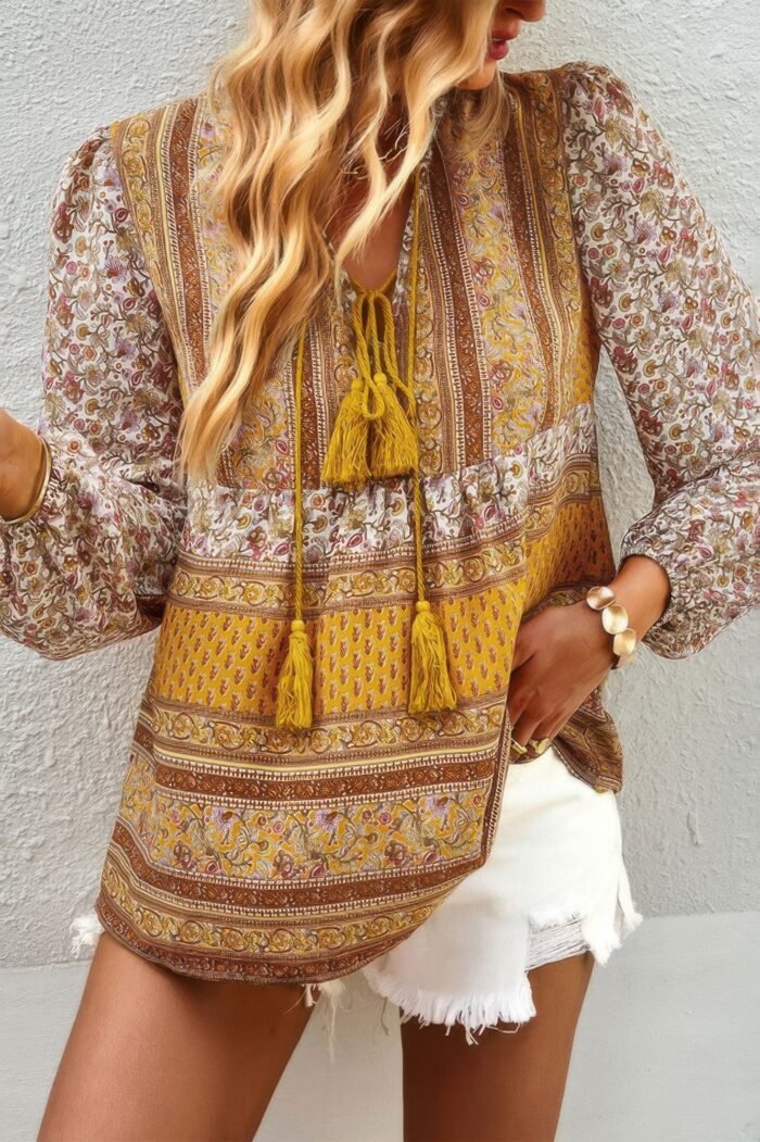 Tie neck boho floral tunics long sleeve shirt
