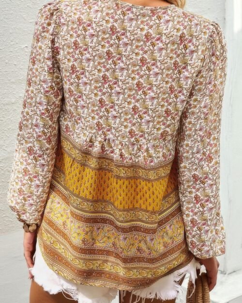 tie neck boho floral tunics long sleeve shirt