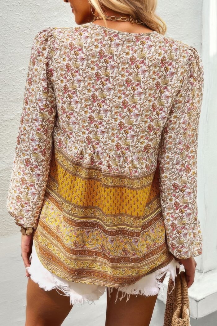 Tie neck boho floral tunics long sleeve shirt