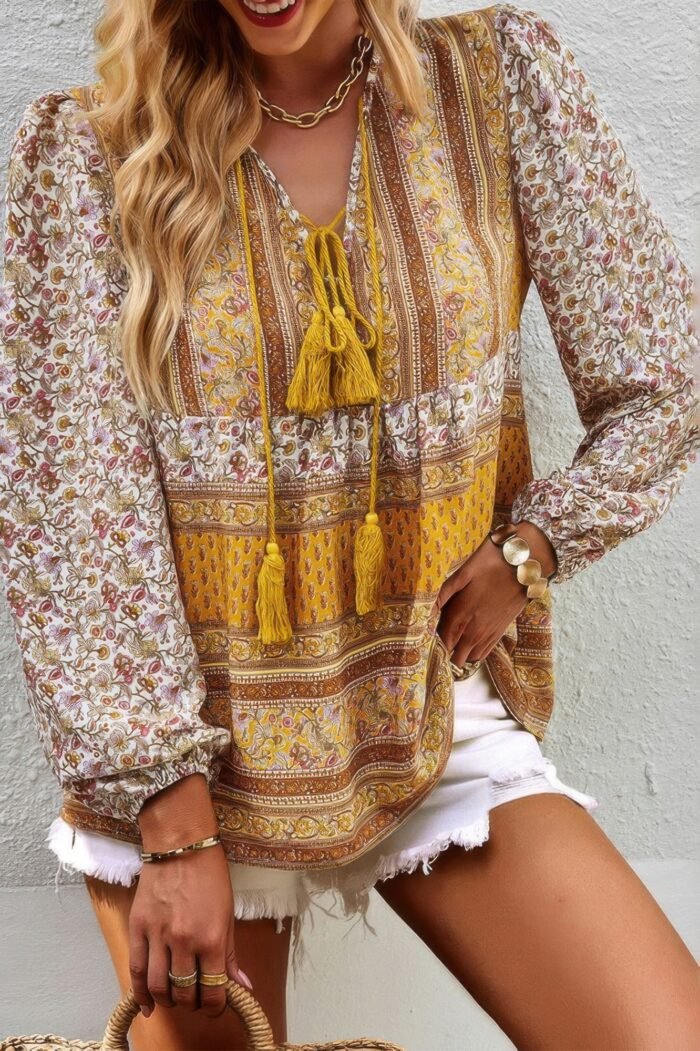 Tie neck boho floral tunics long sleeve shirt